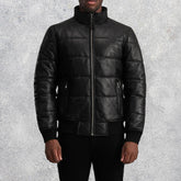 Aiden Black Leather Puffer Bomber Jacket for Men
