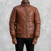 Aiden Brown Leather Puffer Bomber Jacket for Men