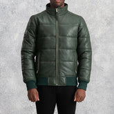 Aiden Green Leather Puffer Bomber Jacket for Men