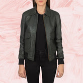 Astra Green Leather Bomber Jacket for Women