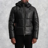 Axel Black Hooded Leather Puffer Jacket for Men