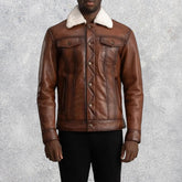 Axel Brown Sheepskin Leather Shearling Trucker Jacket for Men