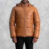 Axel Tan Hooded Leather Puffer Jacket for Men