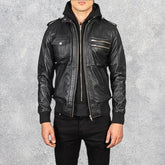 Bravado Black Hooded Leather Bomber Jacket