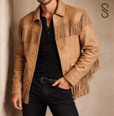Brown Leather Biker Jacket with Handcut Tassels
