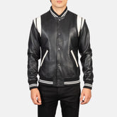 Vandro Black & White Leather Varsity Jacket for Men