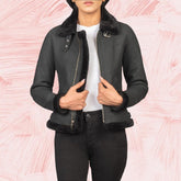 Elowen B-3 Distressed Black Shearling Leather Bomber Jacket for Women