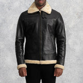 Falcon B-3 Black & Cream Leather Bomber Jacket for Men