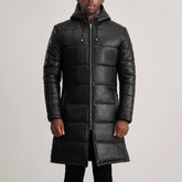 Kian Black Hooded Leather Puffer Coat for Men