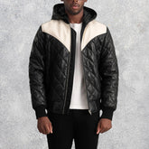 Grayson Black Hooded Bomber Leather Puffer Jacket for Men