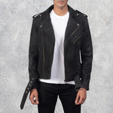 Havencroft Men's Distressed Black Leather Biker Jacket
