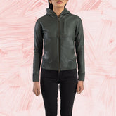 Isolde Green Hooded Leather Bomber Jacket for Women