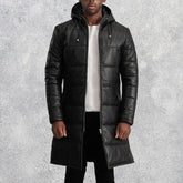 Kian Black Hooded Leather Puffer Coat for Men