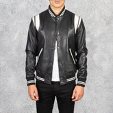 Vandro Black & White Leather Varsity Jacket for Men