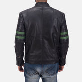 Trooper Black Leather Jacket with Green Stripes