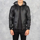 Nintenzo Black Hooded Leather Bomber Jacket