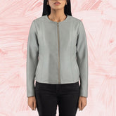 Nova Grey Collarless Leather Jacket for Women