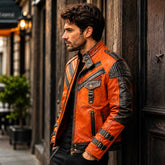 Orange Full Grain Cowhide Leather Men's Cafe Racer Handmade Biker Jacket