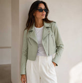 mint green leather jacket, cropped moto jacket women, sheepskin leather jacket, womens biker jacket, pastel green leather jacket, cropped leather coat, luxury women jacket, genuine leather moto jacket, mint biker jacket, womens streetwear jacket