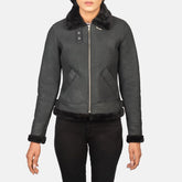 Elowen B-3 Distressed Black Shearling Leather Bomber Jacket for Women