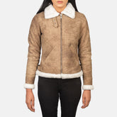 Elowen B-3 Distressed Brown Shearling Leather Bomber Jacket for Women
