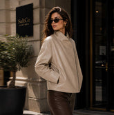 SaltCo Velnorra Beige Sheepskin Leather High Neck Bomber Jacket for Women
