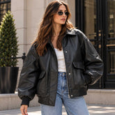 sheepskin jacket, leather bomber, oversized jacket, black leather coat, womens bomber, balloon sleeve, leather outerwear, longline bomber, utility jacket, genuine leather, streetwear jacket, leather jacket women, black bomber jacket