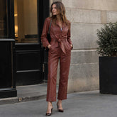 leather jumpsuit, brown jumpsuit, sheepskin leather, womens jumpsuit, belted jumpsuit, genuine leather, leather one piece, brown leather, leather outfit, womens leather, statement outfit, leather fashion, leather romper