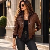 leather bomber, lambskin jacket, brown leather, cognac jacket, hooded leather, removable hood, womens bomber, genuine leather, leather outerwear, bomber jacket, brown bomber, leather gift, casual leather