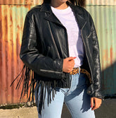 Black Fringe Tassel Vintage Leather Biker Jacket