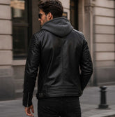 SaltCo Veyrano Black Shearling Leather Hooded Biker Jacket for Men