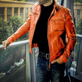 orange leather cafe racer jacket