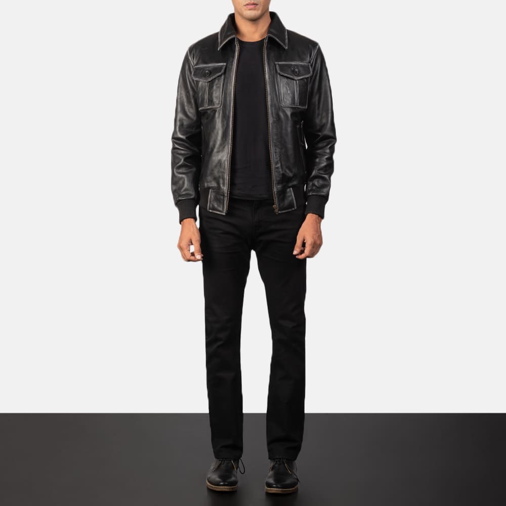 Archer Noir Men's Black Leather Bomber Jacket
