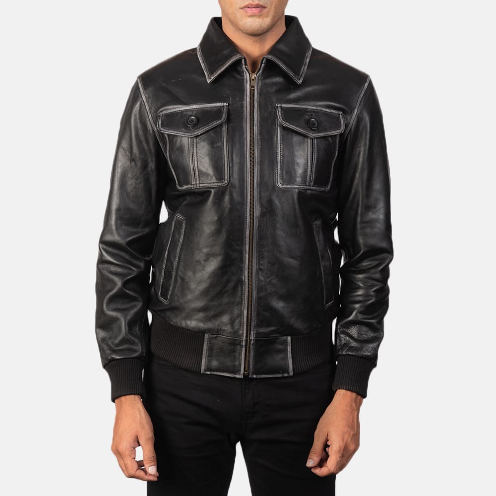 Archer Noir Men's Black Leather Bomber Jacket