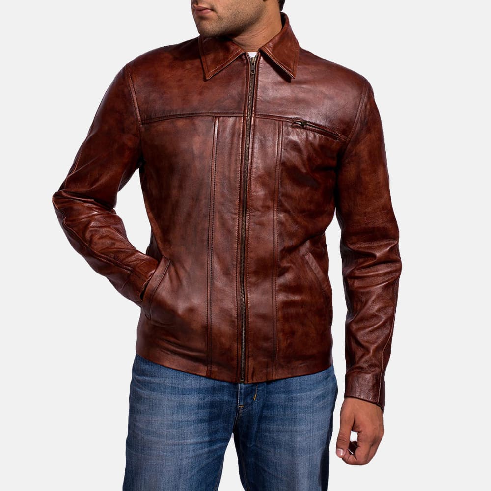 Marvello Distressed Brown Leather Jacket for Men