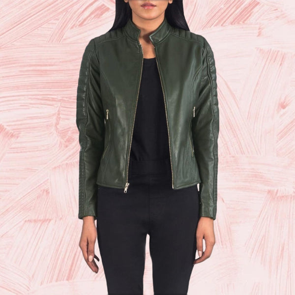 Adalyn Quilted Green Leather Biker Jacket