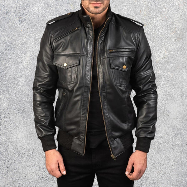 Agent Shadow Black Leather Bomber Jacket