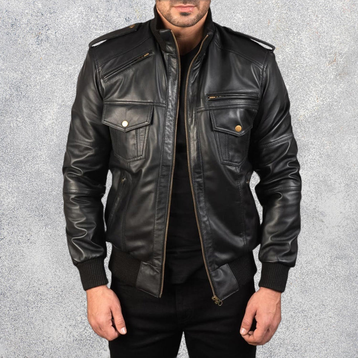 Agent Shadow Black Leather Bomber Jacket