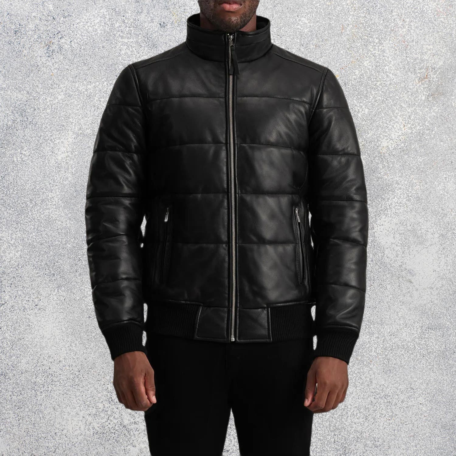 Aiden Black Leather Puffer Bomber Jacket for Men