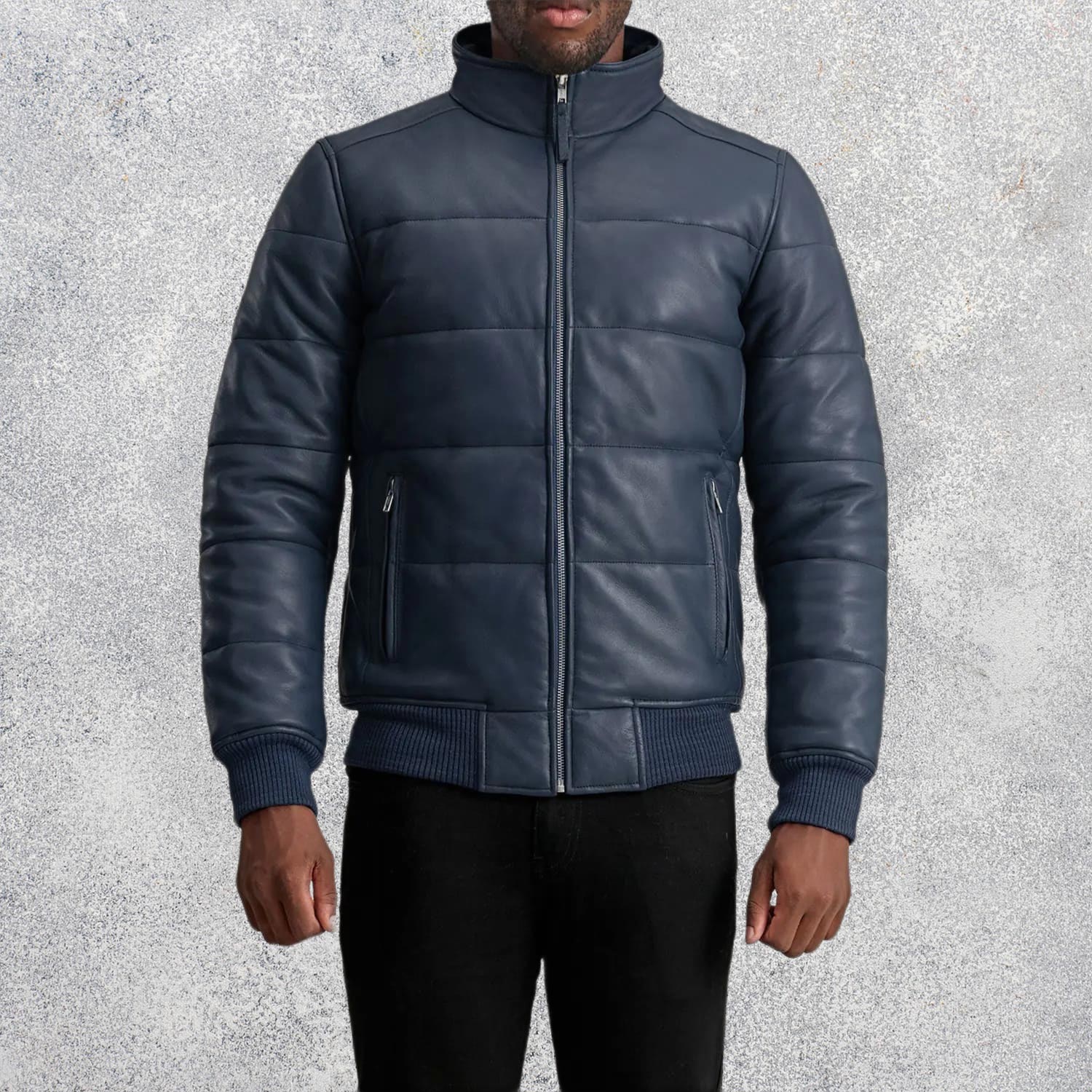 Aiden Blue Leather Puffer Bomber Jacket for Men