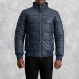 Aiden Blue Leather Puffer Bomber Jacket for Men