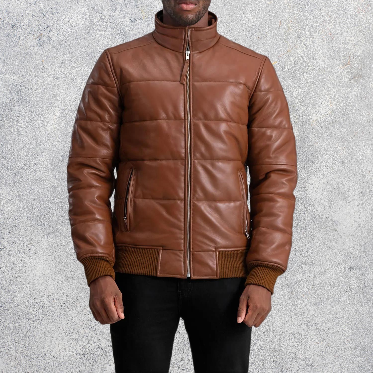 Aiden Brown Leather Puffer Bomber Jacket for Men