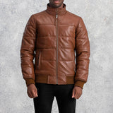Aiden Brown Leather Puffer Bomber Jacket for Men