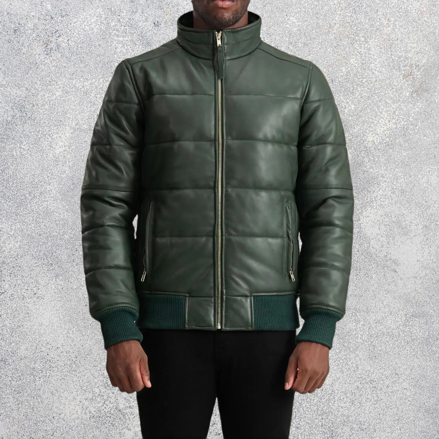 Aiden Green Leather Puffer Bomber Jacket for Men