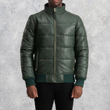 Aiden Green Leather Puffer Bomber Jacket for Men