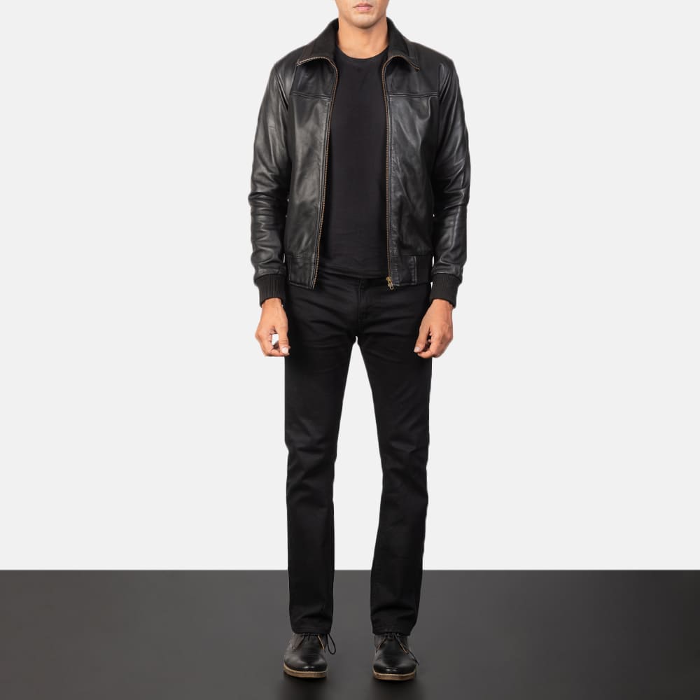 SkyRolf Black Men's Leather Bomber Jacket