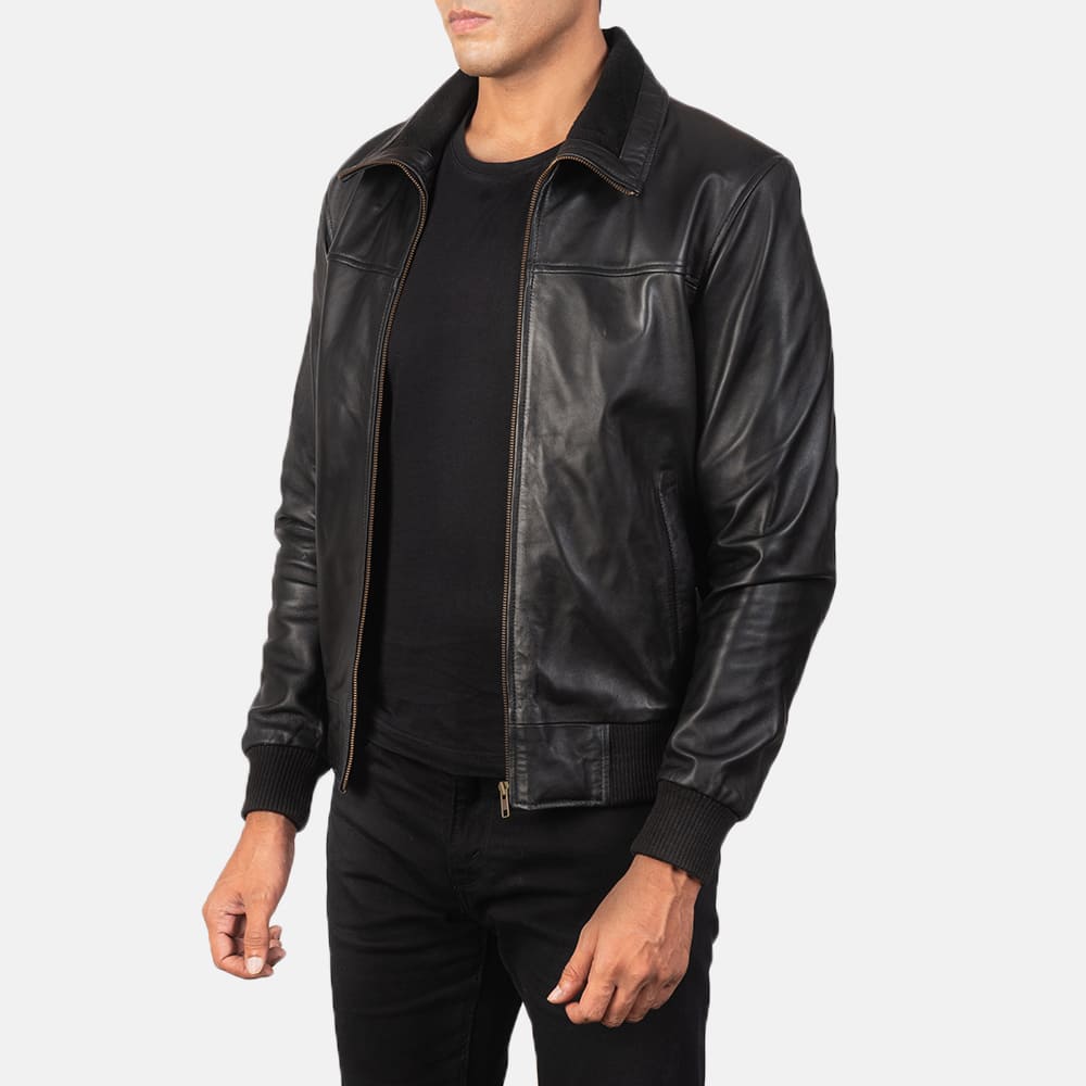 SkyRolf Black Men's Leather Bomber Jacket