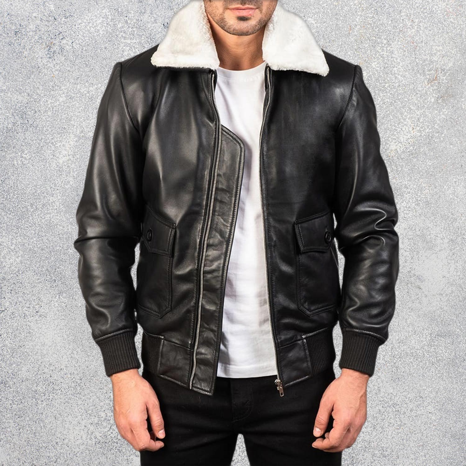 Airin G-1 Black & White Sheepskin Leather Bomber Jacket