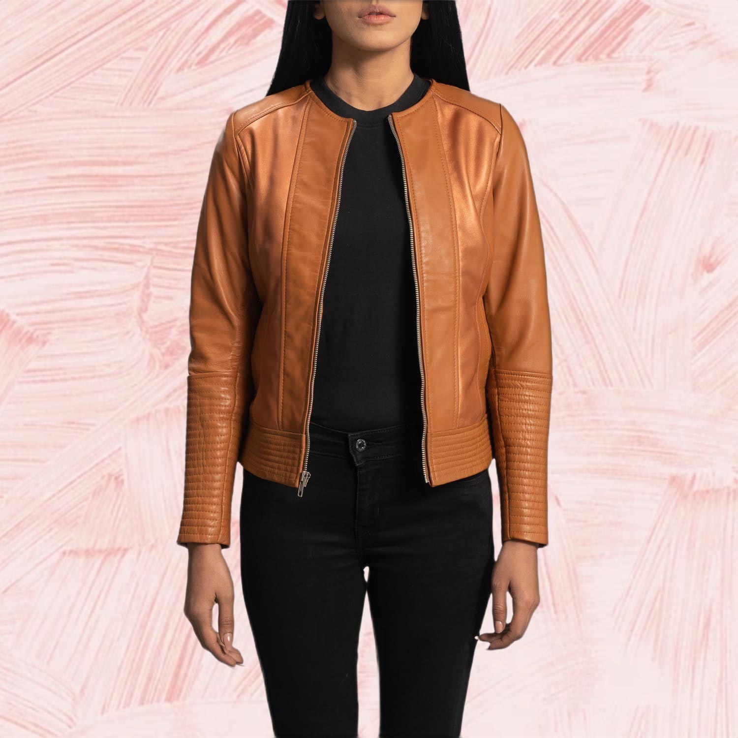 Alara Clean Tan Leather Biker Jacket for Women