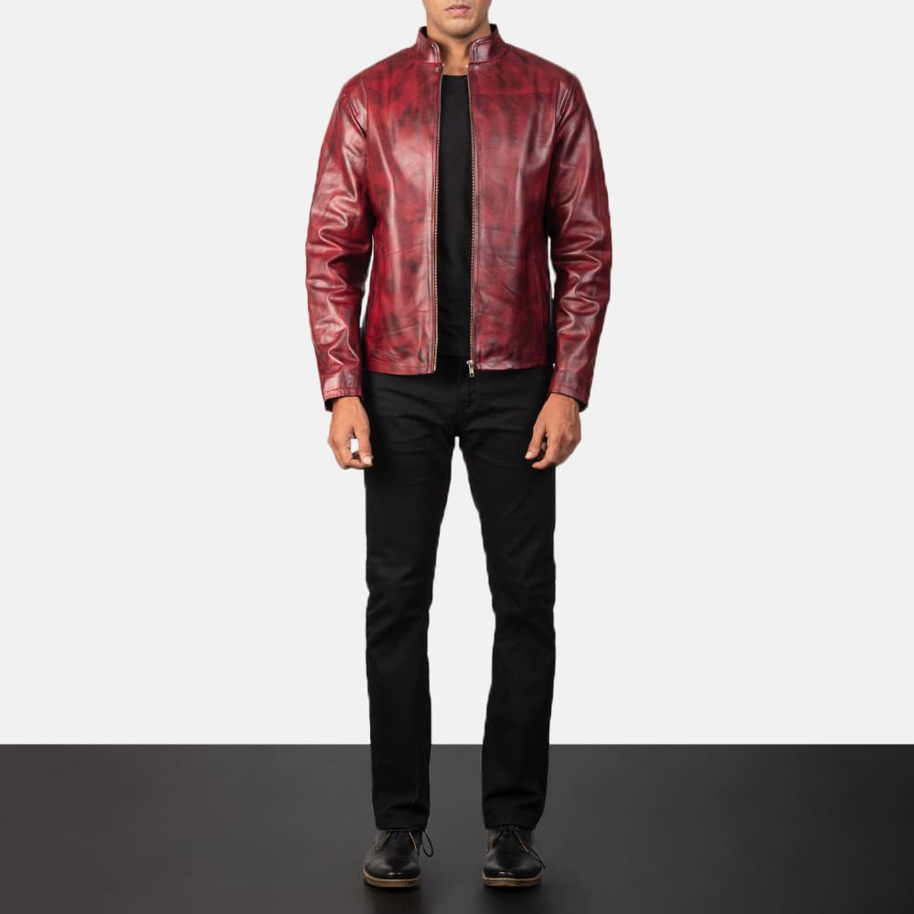 Burgano Distressed Burgundy Leather Jacket for Men